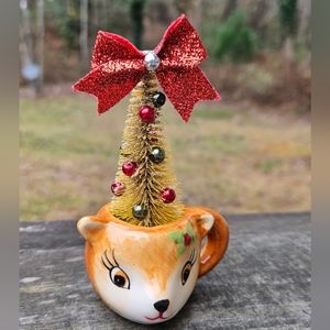 Vintage inspired reindeer miniature mug ornament with bottle brush tree